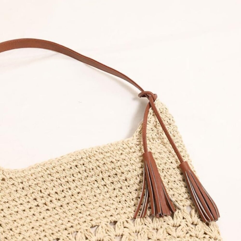 Women's Straw Woven Tote Bag Handmade Crochet Beach Vacation Shoulder Bag - Picture 7 of 8